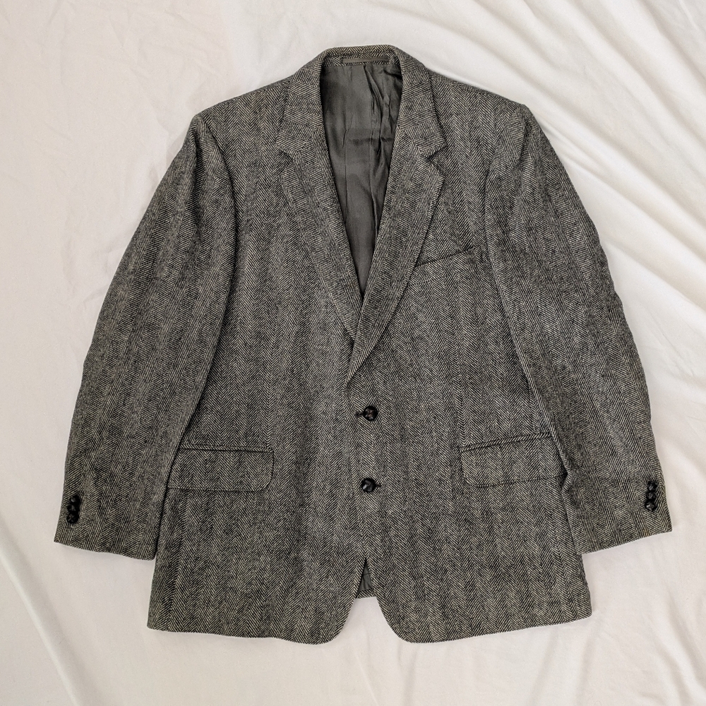 Vintage Sears & Roebuck Mens Gray Wool Herringbone 2 Button Blazer Sports Jacket